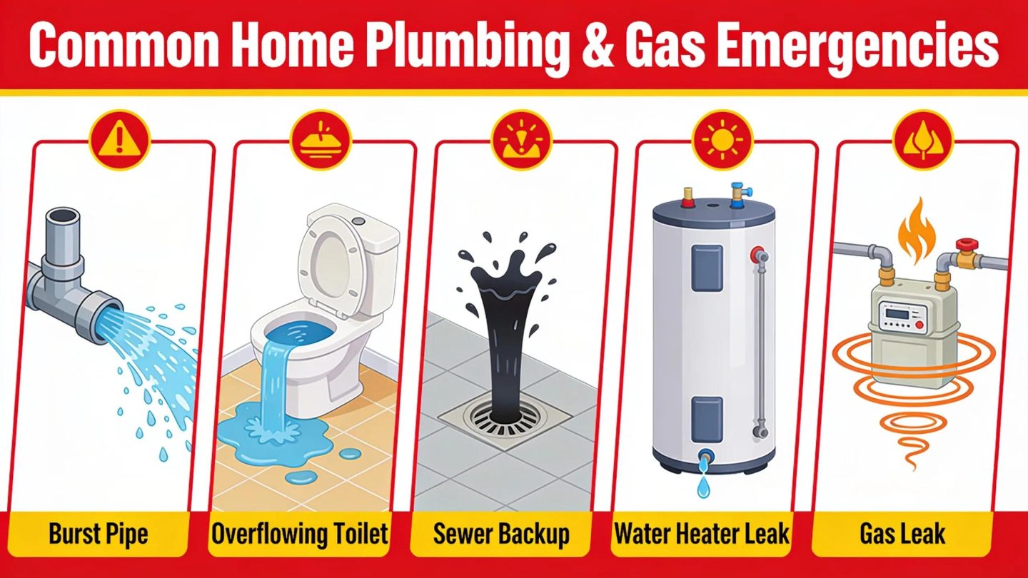 A burst pipe, overflowing toilet, sewer backup, water heater leak, or gas leak can turn