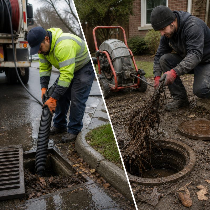 Discount Drain & Sewer technician removing root intrusion from storm drain and sewer line in