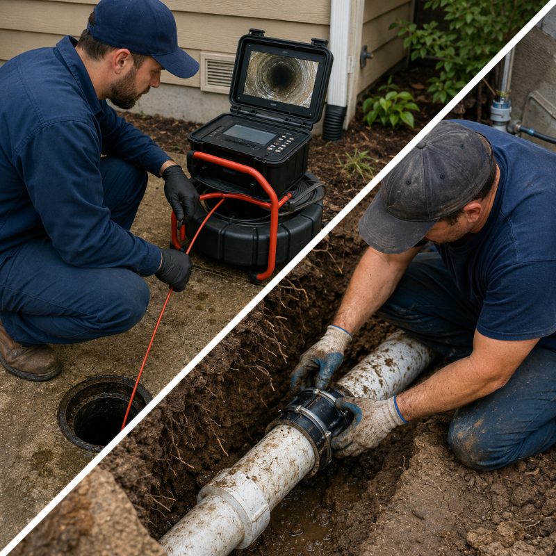 Discount Drain & Sewer technician performing sewer camera inspection and line repair in Milwaukee County.