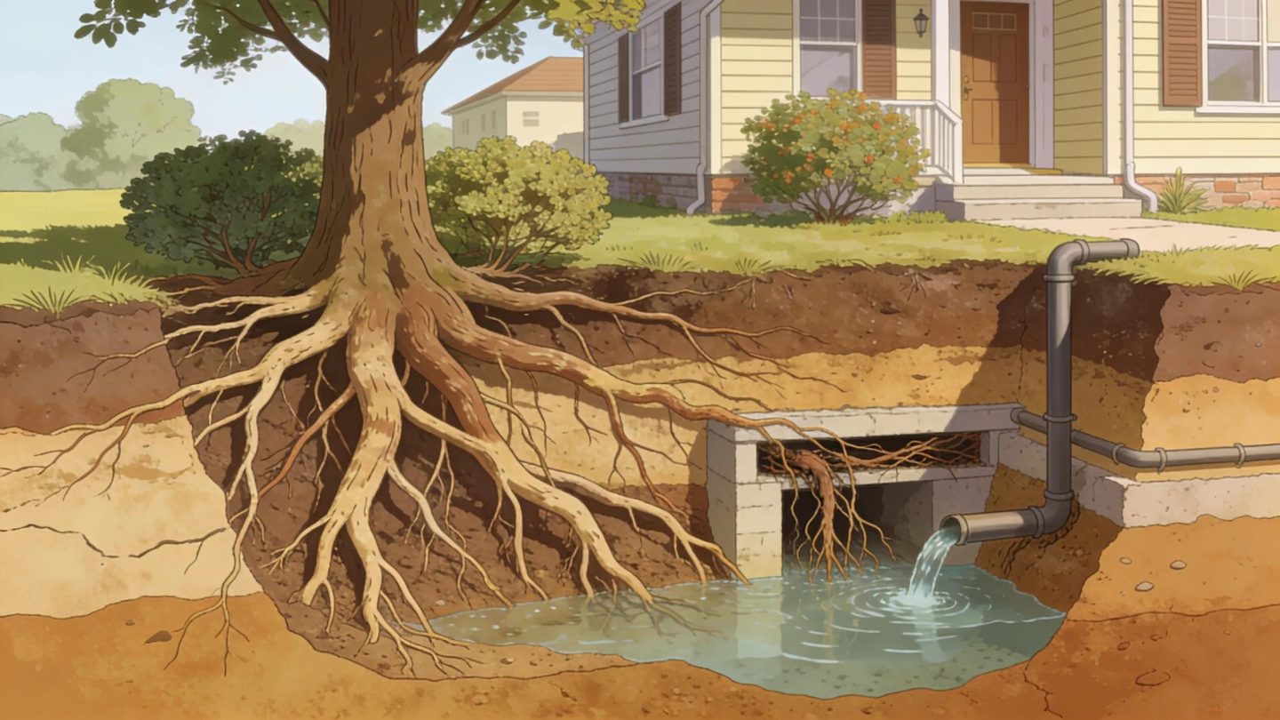Tree and shrub roots growing near a home search for moisture and can invade underground